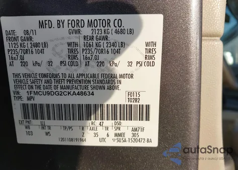 2012 Ford Escape Xlt z USA, uszkodzony, nr VIN 1FMCU9DG2CKA48634